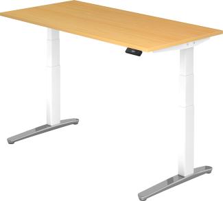 bümö® Sitz- & Stehschreibtisch Serie-XBHM elektrisch höhenverstellbar mit Memoryfunktion, Tischplatte 160 x 80 cm in Buche, Gestell in weiß / aluminium poliert