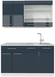 Vicco Küchenschränke Dunkelblau Hochglanz/Weiß 140 cm , AP Marmor, Fame-Line