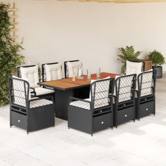 vidaXL 9-tlg. Garten-Essgruppe mit Kissen Schwarz Poly Rattan 3262925