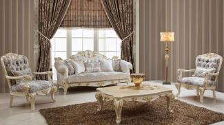 Casa Padrino Luxus Barock Wohnzimmer Set Weiß / Braun / Mehrfarbig / Creme / Gold - 2 Barock Sofas & 2 Barock Sessel & 1 Barock Couchtisch - Luxus Wohnzimmer Möbel im Barockstil - Barock Möbel