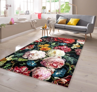 TeppichHome24 Teppich Teppich Blumenstrauß in schwarz, rechteckig