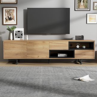 TV-Schrank Lowboard aus Spanplatte mit 2 Türen, 2 diagonalen Schubladen & offenen Fächern, 173x38x48 cm, Holzfarbe