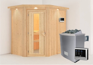 Karibu Sauna Carin mit Dachkranz + 9kW Saunaofen mit ext. Steuerung Easy Bronzierte Ganzglastür