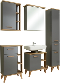 Pelipal Badmöbel-Set, Quickset 924, Quarzgrau Glanz/Riviera Eiche - Waschbeckenunterschrank, Spiegelschrank, Hochschrank, Unterschrank mit Regal, Hängeschrank mit Regal
