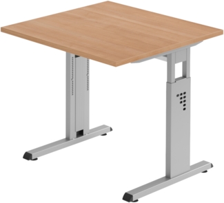 bümö höhenverstellbarer Schreibtisch O-Serie 80x80 cm in Nussbaum, Gestell in Silber - PC Tisch klein für's Büro manuell höhenverstellbar, Computertisch verstellbar, OS-08-N-S