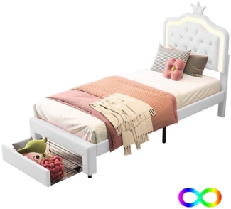 SEEZSSA Polsterbett Kinderbett Jugendbett (90x200 cm Bett LED Einzelbett mit Blütenblattform Stauraumbett), mit höhenverstellbarem Kopfteil,Kunstleder,Weiß