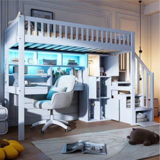 MODFU Kinderbett mit Stauraumleiter & Schreibtisch (Hochbett Holzbett mit LED-Licht, 90x200 cm), ohne Matratze