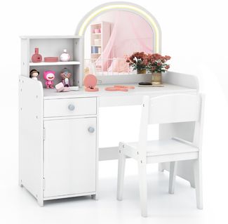 2 in 1 Kinder Schminktisch Set mit Hocker & LED-Lechten & Spiegel & Schublade Kosmetiktisch Weiß