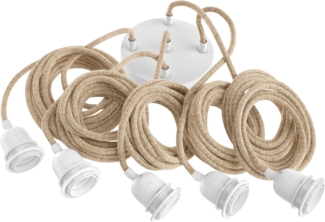 HOOPZI - Pendelleuchte - Hang 5 Flammig - 3,5m Textilkabel Seil - 5 X E27 Fassung - Vintage Retro Ficelee natur mit weißer Fassung