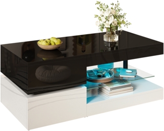 Couchtisch, Moderner Tisch mit LED-Ambientebeleuchtung, APP- und Bluetooth-Steuerung, Glasablage & Hochglanz-Oberfläche, Schwarz-Weiß, 90×45×35,5 cm