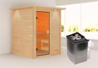 Karibu Sauna Sandra mit Dachkranz + 9kW Saunaofen mit integrierter Steuerung