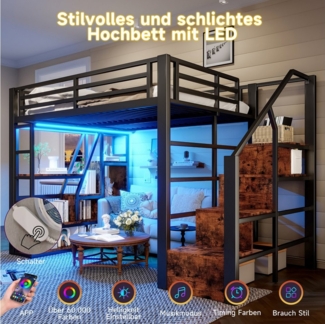 REDOM Kinderbett aus Metall mit Schutzgeländer, Leiter und integriertem Stauraum (Hochbett Jugendbett, 140x200 cm), ohne Matratze