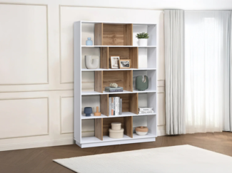 Vente-unique - Wohnwand mit 15 Fächern - Weiß & Holzfarben - DALENOR