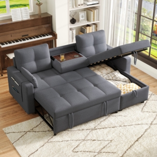 Merax L-Sofa, modulares Schlafsofa, ausziehbares Schlafsofa mit Schlaffunktion, ausgestattet mit Stauraum, herunterziehbarem Getränkehalter, Grau