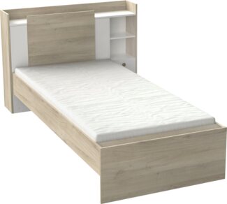 Demeyere Lit Modulable 90x190/200 Avec Rangement 1 Porte 3 Niches 1 tiroir – Blanc Mat und Chêne Clair -124,5 x 226,9 x 90,5 cm