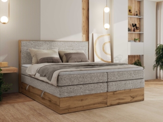 Boxspringbett, Set mit zwei Multipocket-Matratze und Topper, hohe Kopfteil, Eiche Wotan Holzrahmen - WOOD CLASSIC KING - 140 x 200 cm - Beige Struktur - H4