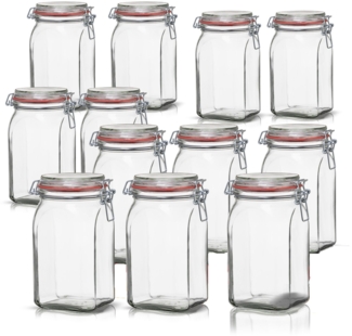 BigDean 12er Set Vorratsgläser 1,1L - Einmachgläser mit Deckel & Bügelverschluss - Made in Germany - Drahtbügelgläser zum luftdichten Aufbewahren, Einlegen & Einkochen - Glas, eckig