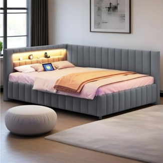 MODFU Polsterbett Daybett Tagesbett Polsterbett Doppelbett Kinderbett Gästebett (mit LED-Licht, USB-Anschluss, Rückenlehne und stabilem Rahmen, für Schlafzimmer & Gästezimmer, 140x200 cm), Ohne Matratze