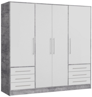 Drehtürenschrank >JUPITER< 4 Türen, 6 Schübe, Betonoptik / Weiss - 206,5x200x60 (BxHxT)