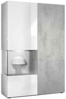 Vladon Vitrine Kommode Hochschrank Morena, Korpus in Weiß matt / Rechte Tür und der Einsatz in Beton Oxid Optik, inkl. LED Beleuchtung