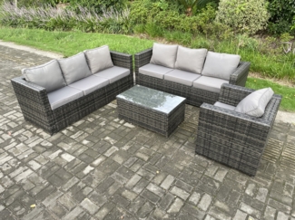 Fimous 7-Sitzer Rattan Gartenmöbel Set Indoor Outdoor Patio Sofa Set mit Länglichem Couchtisch Sessel Dunkelgrau Gemischt