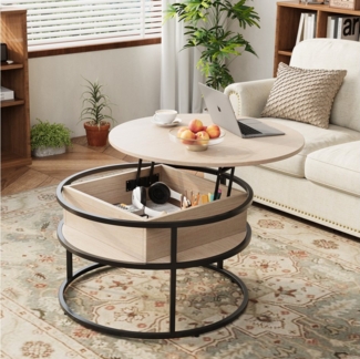 VOWNER Couchtisch Höhenverstellbarer, mit Stauraum, Rund, 80 x 80 x 62 cm