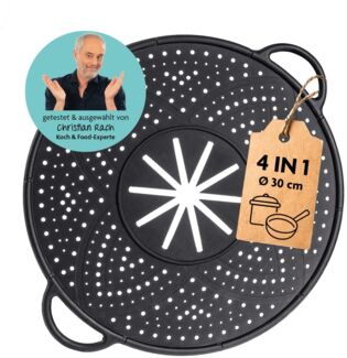 Rachs KOCHWERK Spritzschutzdeckel Silikon Überkoch- und Spritzschutz 31cm schwarz, für Pfannen und Töpfe Abgießhilfe Spritzschutz Dampfgarer Untersetzer