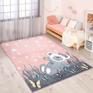 Carpet City Kinderteppich ANIME916, rechteckig, Höhe: 11 mm, Kinderzimmer Teppich Modern mit Mond, Blumen, Wolken, Creme, Multi