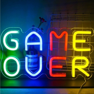 MODFU LED Dekolicht Game Over Neon Schild Leuchtreklame Neonlicht LED Wand Dekor, frei stehend oder zur Wandmontage, LED fest integriert, bunt, Neon Sign Leuchtschrift für Jungen Kinder Autowerkstatt Bar Party Deko