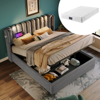 Polsterbett mit Leselampe,USB-Ladefunktion,Stauraum,grauer Samt,160x200 cm,inklusive Matratze