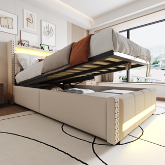 Polsterbett für Kinder mit LED-Beleuchtung und USB-Steckdose, Kopfteil mit Ablagen und Stauraum, hydraulischer Stauraum, Einzelbett, Leinenstoff, 90×200 cm