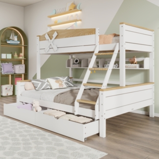 Etagenbett Kinderbett 90x200 140x200 mit Windmühle Schrägleiter Schubladen Regalen Kiefer MDF weiß natur Familienbett