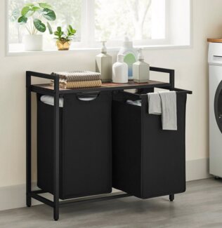Vasagle Wäschekorb mit 2 Fächer, Metallgestell, MDF Vintagebraun/Schwarz, 73 x 33 x 72 cm