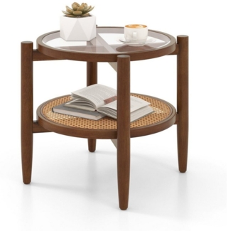 COSTWAY Beistelltisch, gehärtete Glasplatte, mit Rattan Ablage, rund 56x56cm