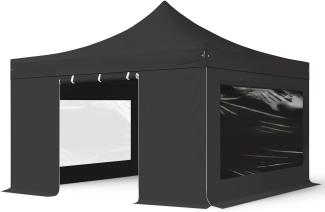 4x4 m Faltpavillon, PREMIUM Stahl 40mm, feuersicher, Seitenteile mit Panoramafenstern, schwarz