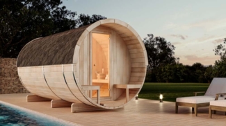 FinnTherm 'Charlotte' Fasssauna mit 2 Sitzbänken, Holz natur, 227,5 x 400 x 215 cm