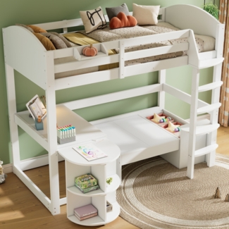 Merax Hochbett, Etagenbett Kinderbett 90*200cm, Multifunktionales, mit eine Leiter, mit ausziehbarem Tisch, Sofa mit Stauraum und mit drei Kissen und Polster, mit Lagerregale, Weiß