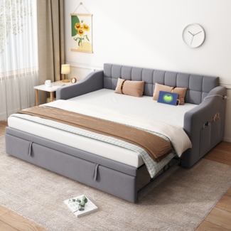 Merax Polsterbett Schlafsofa 2 in 1 Multifunktionsschlafsofa 90/180, Grau Samtstoff Polsterbett mit Steckdose und Aufbewahrungstasche