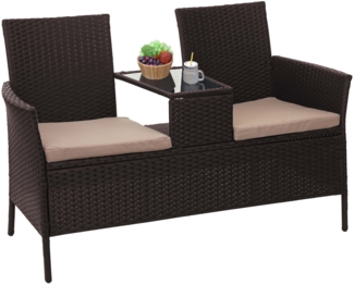 Poly-Rattan Sitzbank mit Tisch HWC-E24, Gartenbank Sitzgruppe Gartensofa, 132cm ~ braun, Kissen creme
