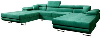 Designer Sofa Calvera U mit Schlaf- und Klappfunktion (Samt) Grün Samt