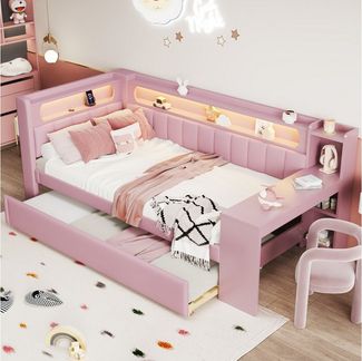 i@home Einzelbett Tagesbett,Ausziehbett,Rosa / Weiß (Packung set, 1 Bett Ohne Matratze&Bettbank), mit USB und LED-Gürtel, 90x200 cm