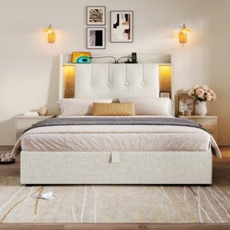 Polsterbett 90x200 cm mit LED Lichtleiste USB Ladefunktion Stauraum Kopfteil,Beige