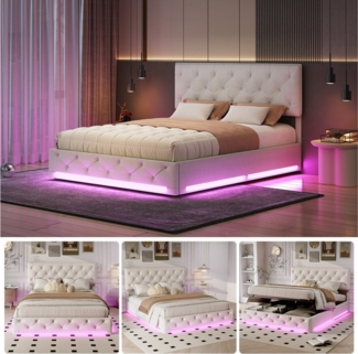 Furnishings Home Polsterbett LED Stauraumbett Doppelbett (Verstellbare Kopfteilhöhe, Hydraulisch hebbarer Stauraum), Mit LED-Beleuchtung, Lattenrost, Leinen, 160x200 cm