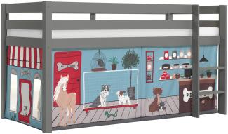 Vipack 'Pino' Halbhochbett 90x200 cm, grau, Kiefer massiv, mit Textilset 'Pet Shop'