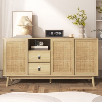 Celya Sideboard Kombikommode mit 3 Schiebetüren aus echtem Rattan und 2 Schubladen, 155 x 38 x 80 cm, atmungsaktiv, stabil und vielseitig