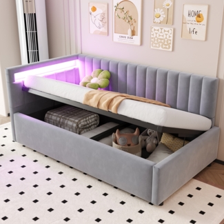 Merax Polsterbett Schlafsofa 90x200, mit LED-Beleuchtung und hydraulischem Stauraum, klassisches vertikales Streifendesign, seitliche Kopfteile mit austauschbaren Positionen, Lattenrost, Samtstoff, Hellgrau