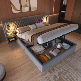 Merax Polsterbett Hydraulisch Stauraumbett Doppelbett 180×200 cm mit 2 Nachttischen, Kopfteil Leselicht mit USB Ladefunktion, Samt, Grau