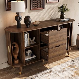 REDOM Sideboard 140x79,5x40 cm mit vertikaler Maserung (Packung, 1 St, Abgerundeter Eckschrank fürs Wohnzimmer), Zwei Schiebetüren & Schubladen, Massivholzbeine