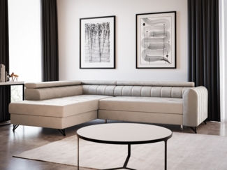 Ecksofa Alice mit Schlaffunktion und Bettkasten, Wohnlandschaft mit einstellbare Kopfstützen, Couch, Sofa, Bettsofa, Schlafsofa (Beige (Paros 02), Ecksofa Links)