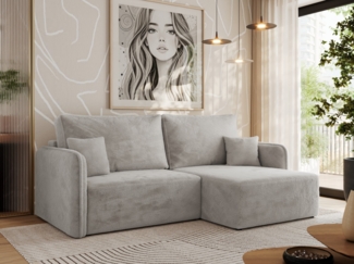 L-förmiges Ecksofa mit Armlehnen, für das Wohnzimmer, Schlaffunktion und Bettkästen, Wellenfeder am Sitz, losen Kissen - MESTO - Hellgrau Plüschstoff - rechte Seite